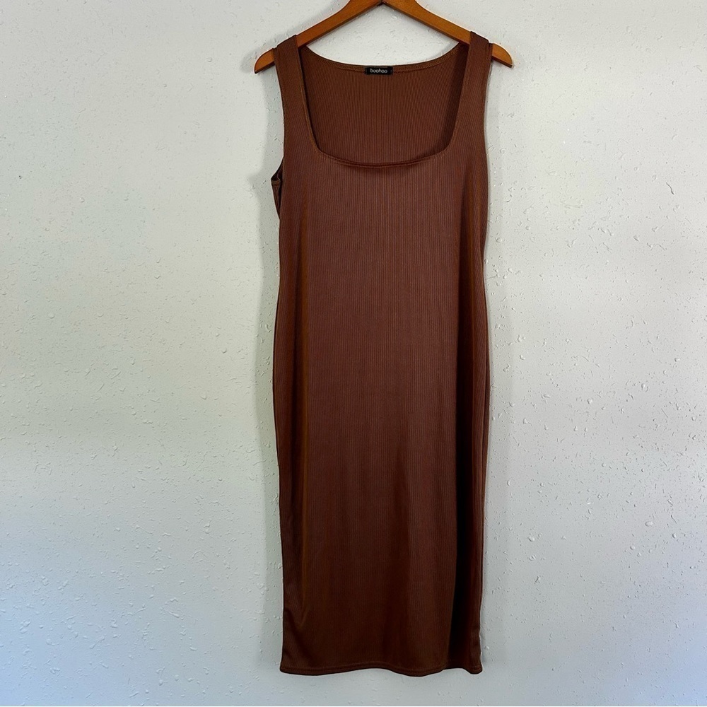 🦋 Boohoo Brown Square Neck Ribbed Midi Dress Size 12